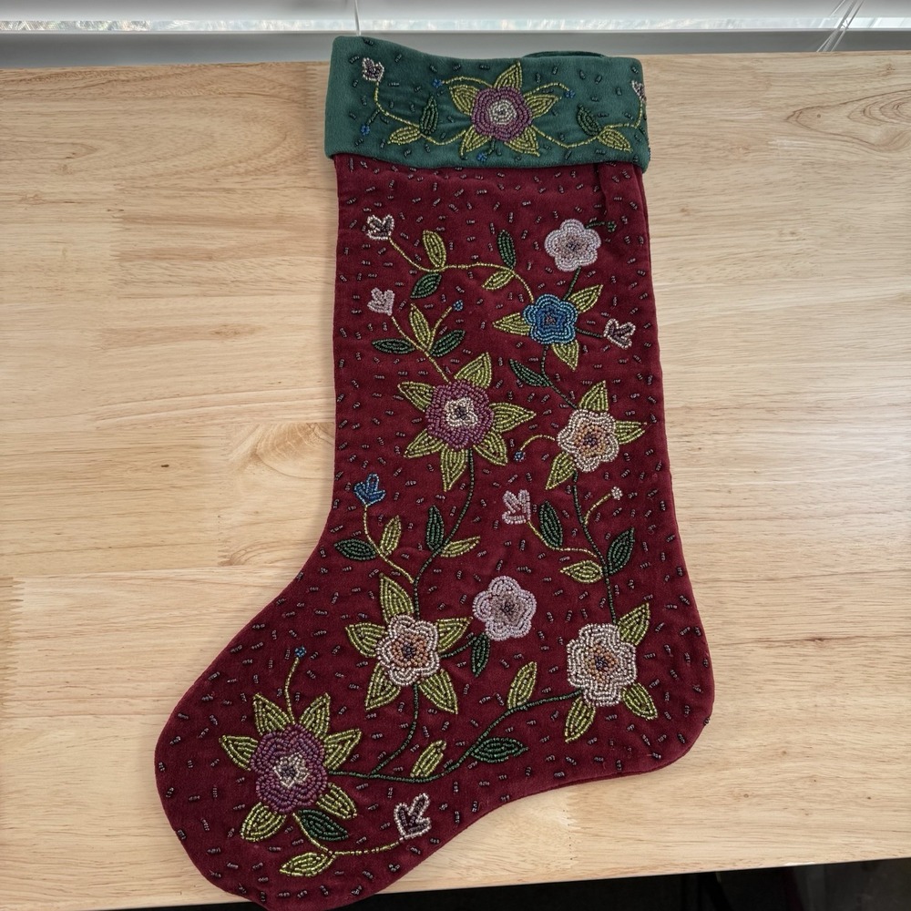 Christmas Stocking‎ Flowers Burgundy Red Green Lillian Vernon VTG Beaded Velvet